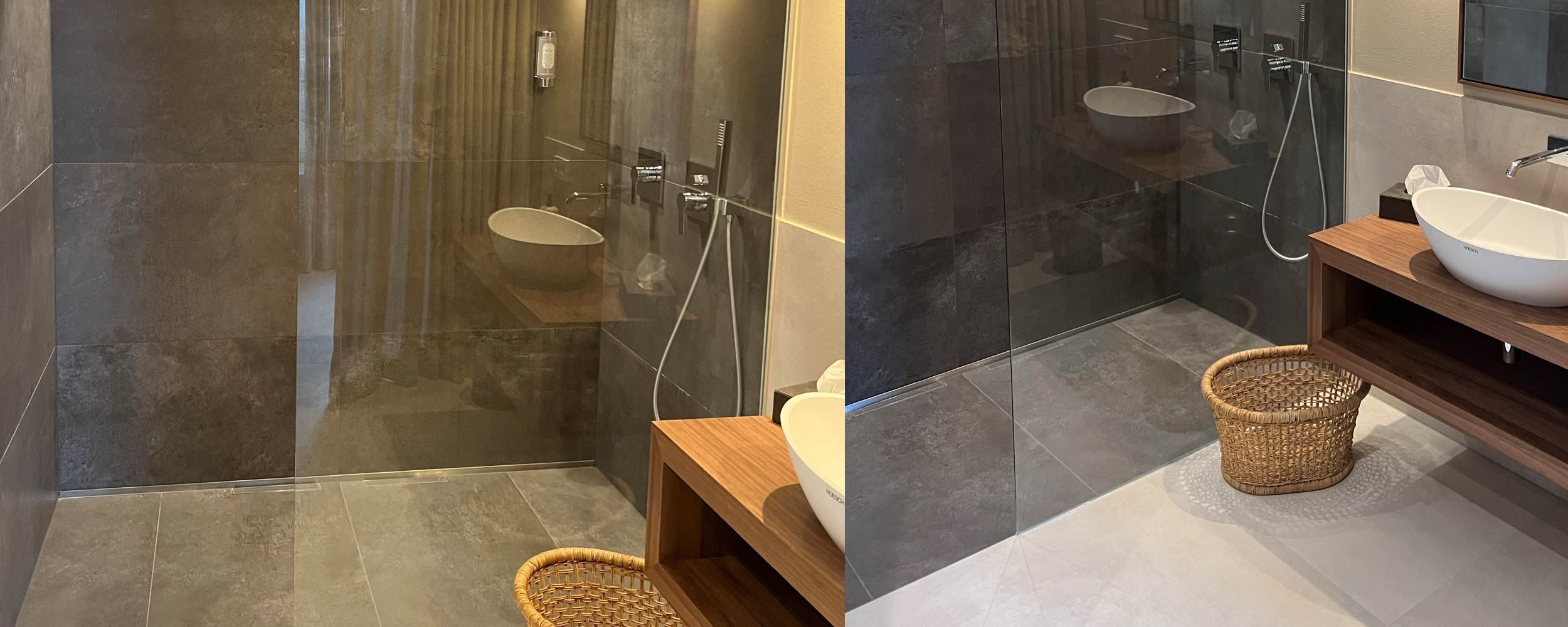 Zwei Bilder einer bodengleichen Dusche aus verschiedenen Perspektiven. Die Dusche ist mit dunklen, großformatigen Fliesen gefliest, der Rest des Bads hell.